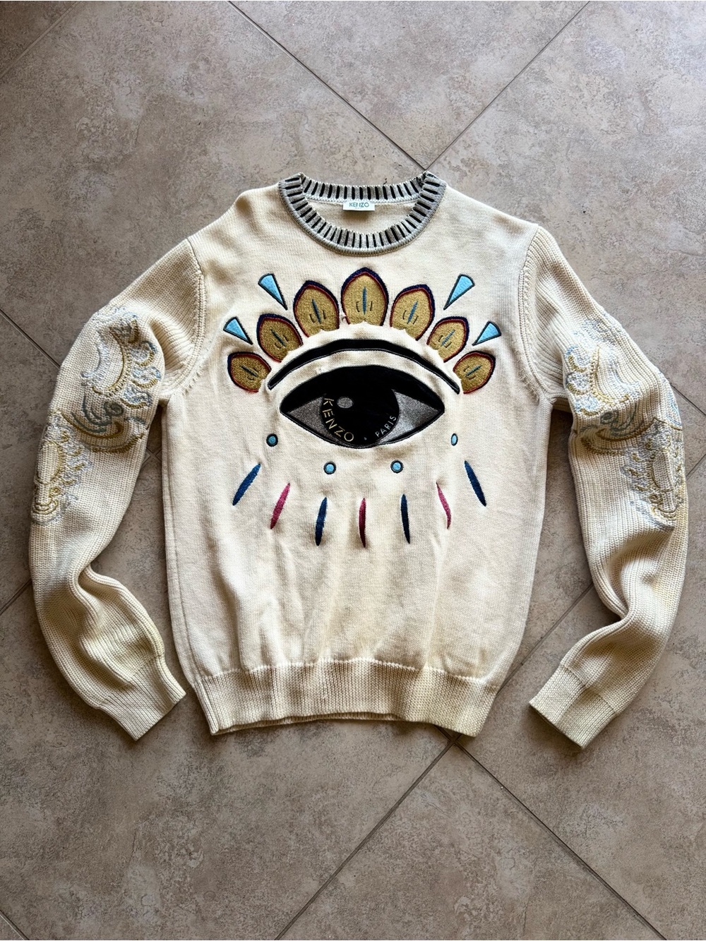 Kenzo Cream Embroidered Eye Crewneck Sweater with Colorful Accents - Picture 7 of 9